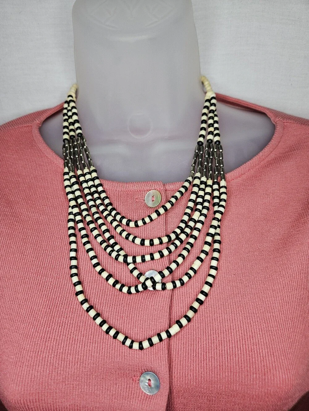 Vintage Multi Strand Black Cream Beaded Statement Necklace Tribal Boho 17-24